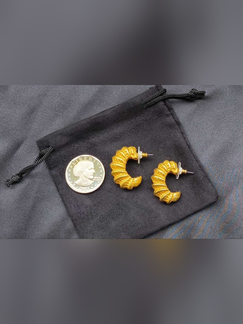 Vintage MONET Chunky Ribbed Croissant J-Hoop Earrings, Heavy 1980s Matte Gold